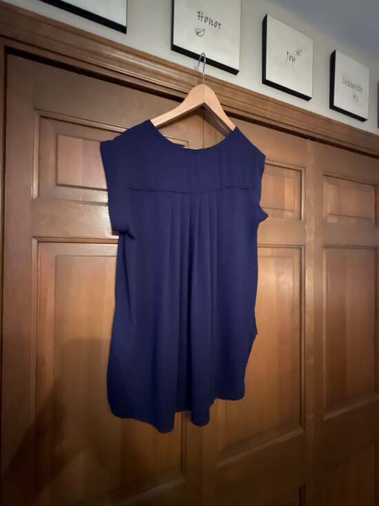 Pleione Navy Blue V-Neck Cap Sleeve Pleated Back Blouse Size L - Picture 5 of 5